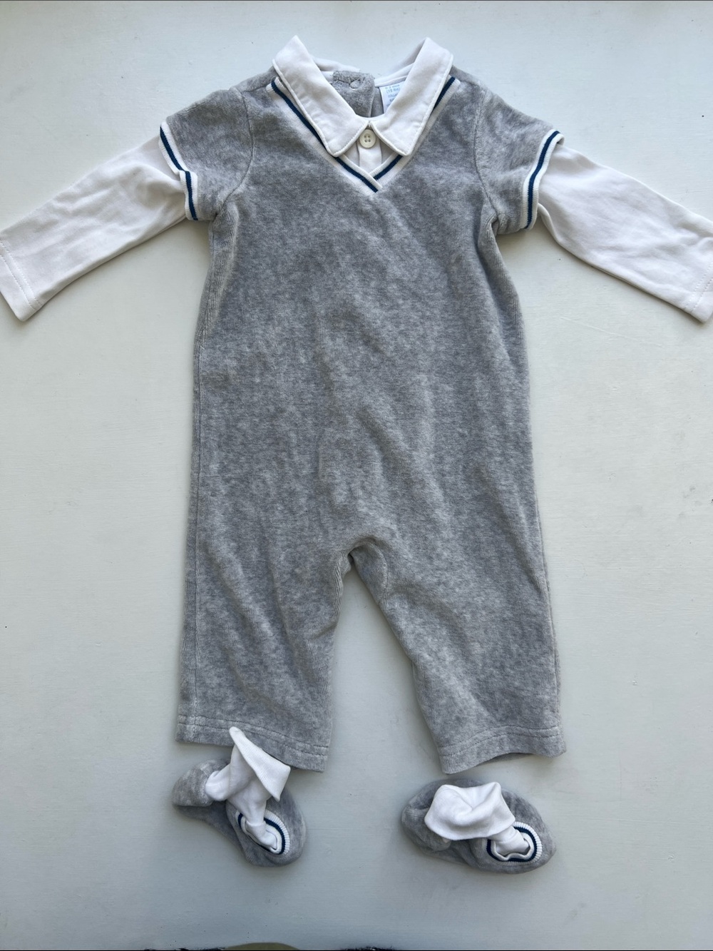 First Impressions Grey and White Polo-Style One-Piece with Navy Trim